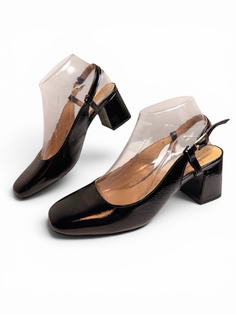 Eram Black Patent Leather Slingback Pumps Block Heel Square Toe EU 38